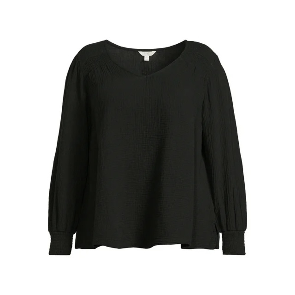 🔥5 for $25🔥 Women's Black Terra & Sky Crinkle Peasant Top Plus Size